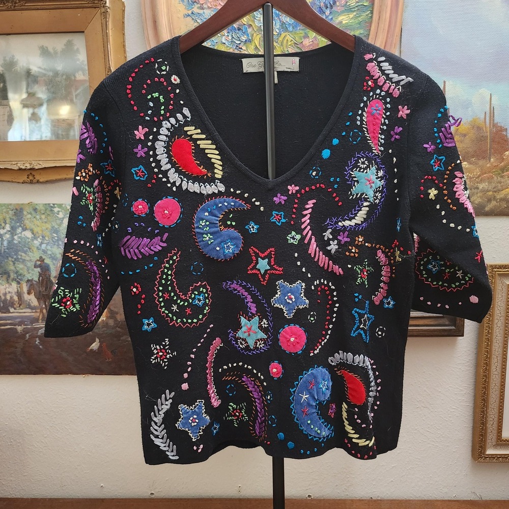 M Black Top with Paisley and Star Ribbon Embroidery All Over by One Girl Who